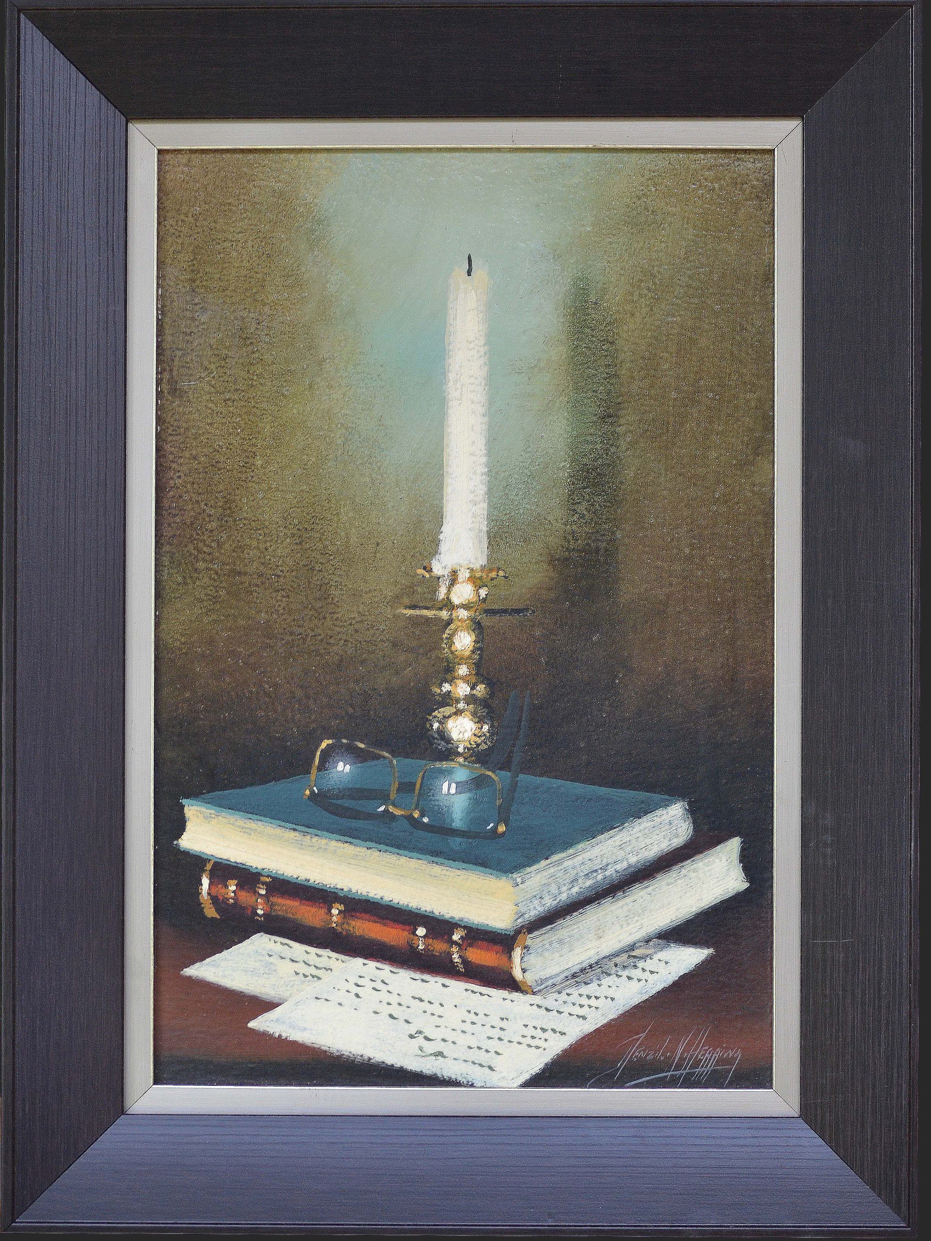 Denzil Herring - Still-life Candle and Books - Framed Denzil Herring - Still-life Candle and Books - Framed