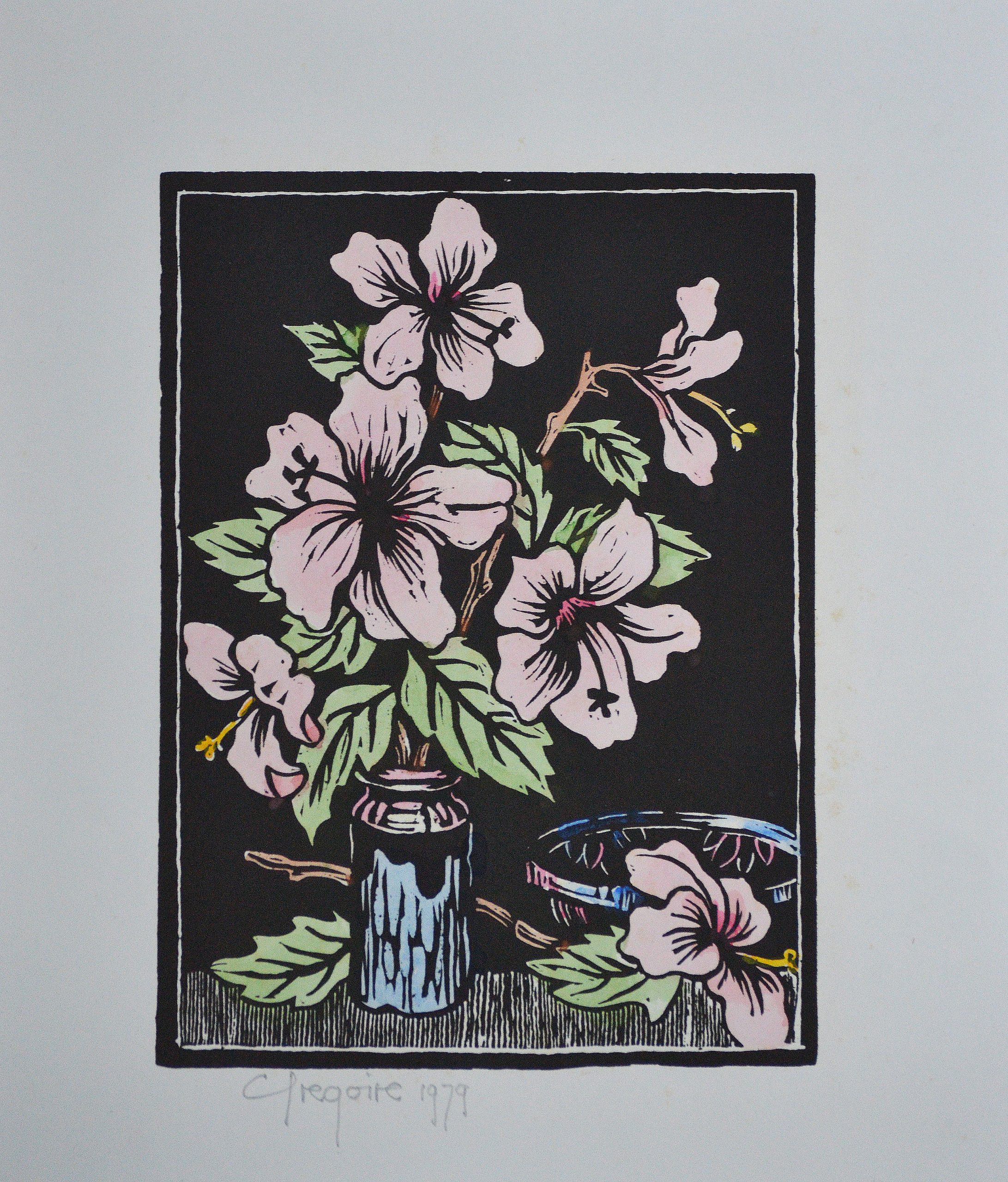 Gregoire Boonzaier - Hibiscus Flowers (Muted Colours) Linocut - Artwork Gregoire Boonzaier - Hibiscus Flowers (Muted Colours) Linocut - Artwork