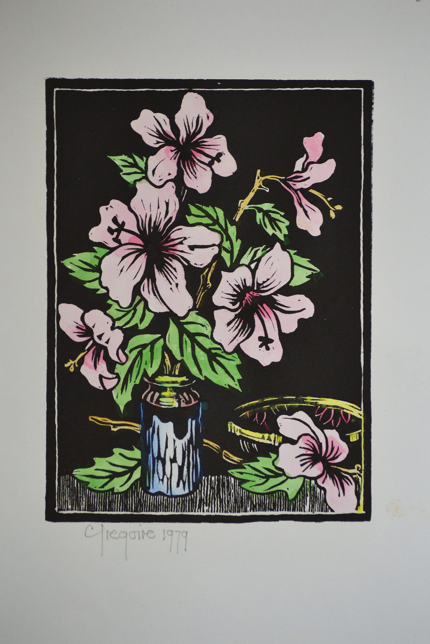 Gregoire Boonzaier - Hibiscus Flowers (Vivid Colours) Linocut - Artwork Gregoire Boonzaier - Hibiscus Flowers (Vivid Colours) Linocut - Artwork