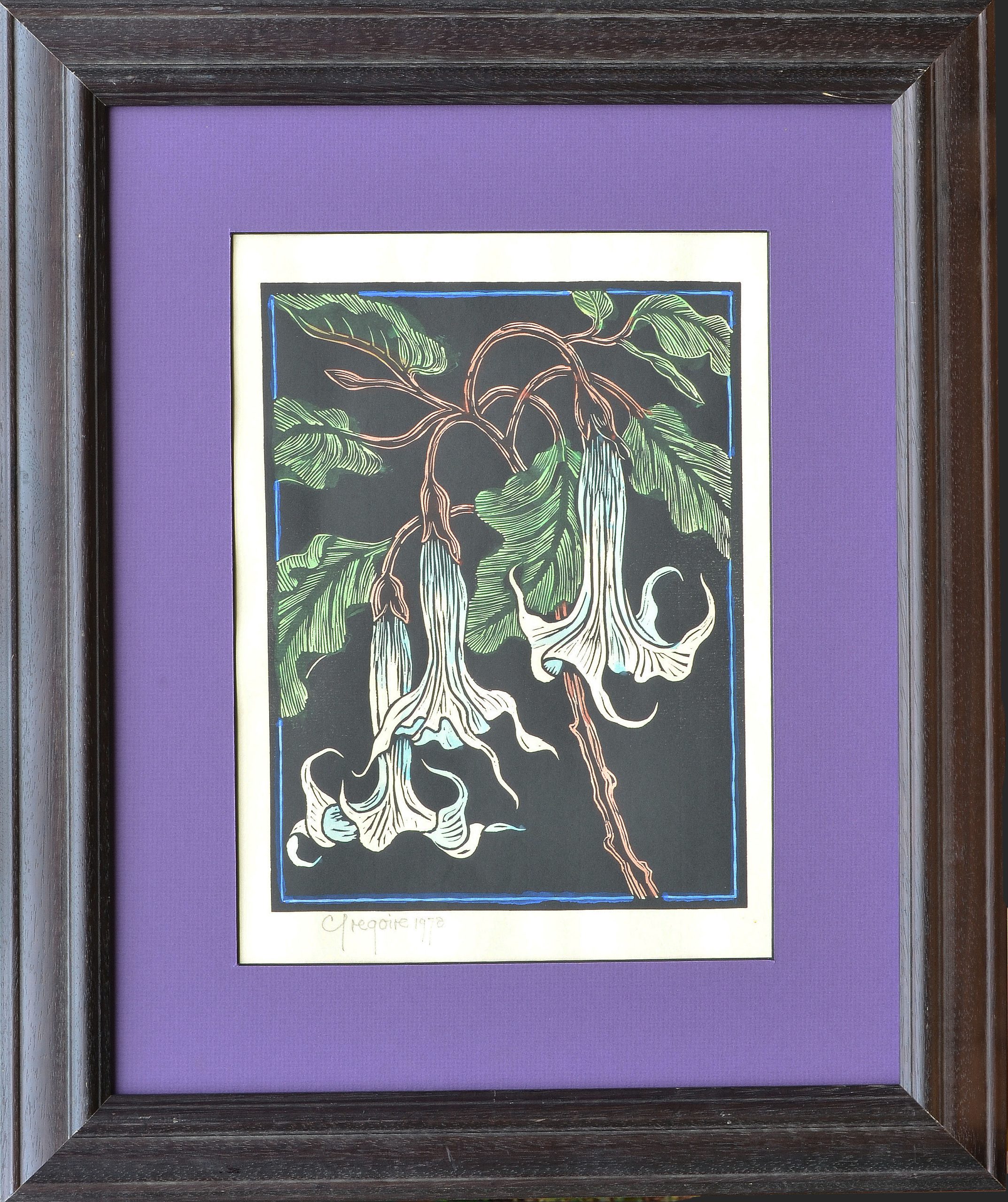 Gregoire Boonzaier - Moon Flowers Linocut - Framed Gregoire Boonzaier - Moon Flowers Linocut - Framed