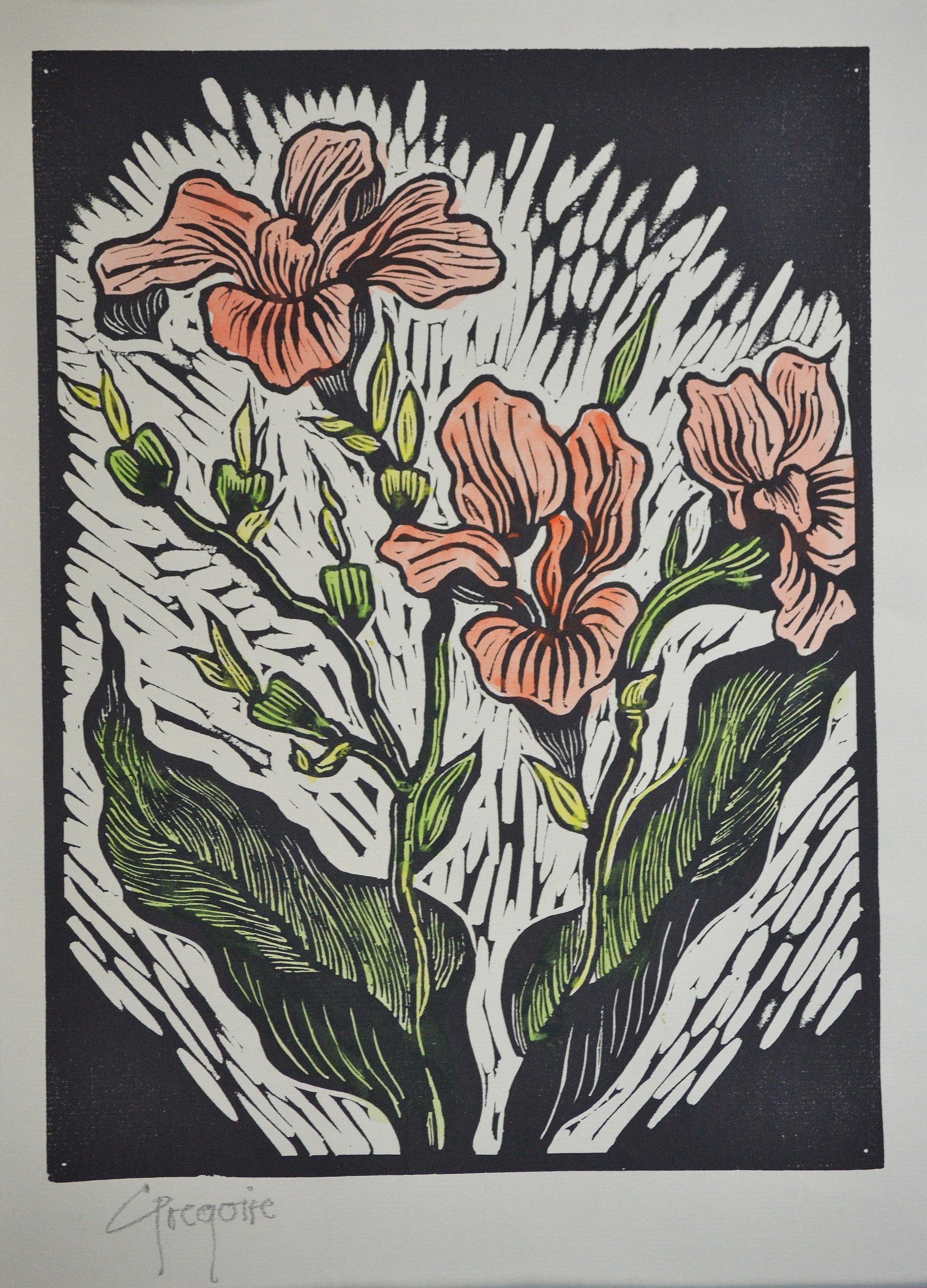 Gregoire Boonzaier - Orange Canna Lilies Linocut - Artwork Gregoire Boonzaier - Orange Canna Lilies Linocut - Artwork