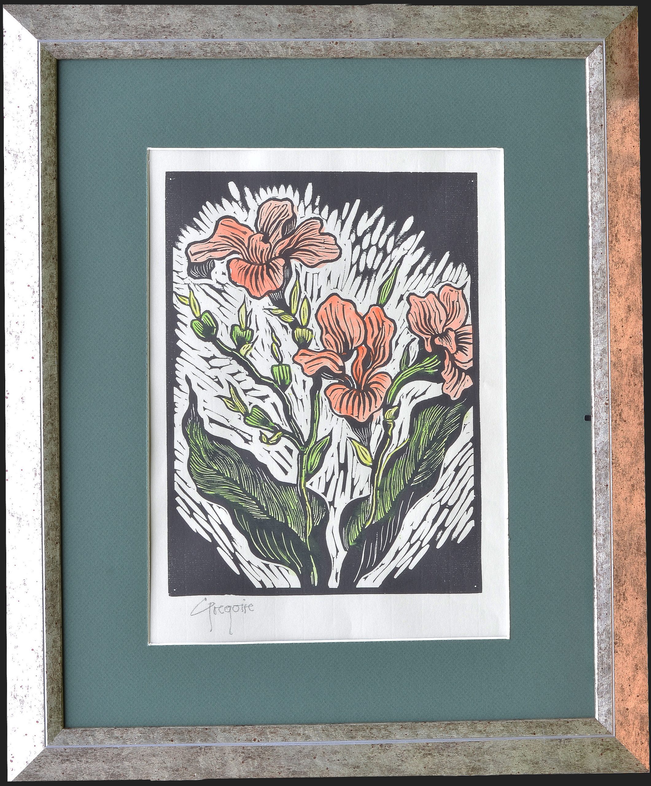 Gregoire Boonzaier - Orange Canna Lilies Linocut - Framed Gregoire Boonzaier - Orange Canna Lilies Linocut - Framed