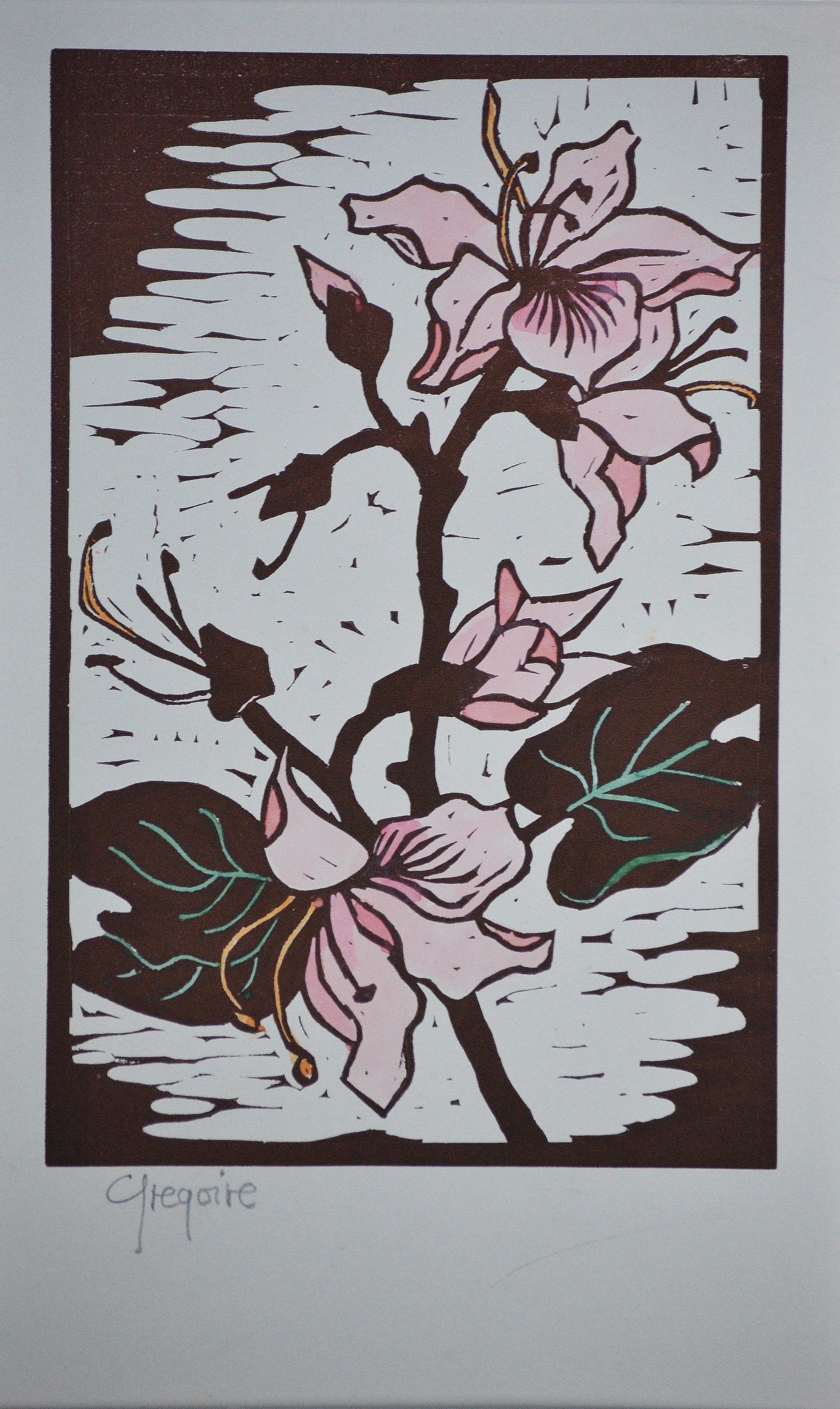 Gregoire Boonzaier - Pink Hibiscus Flower Linocut - Artwork Gregoire Boonzaier - Pink Hibiscus Flower Linocut - Artwork
