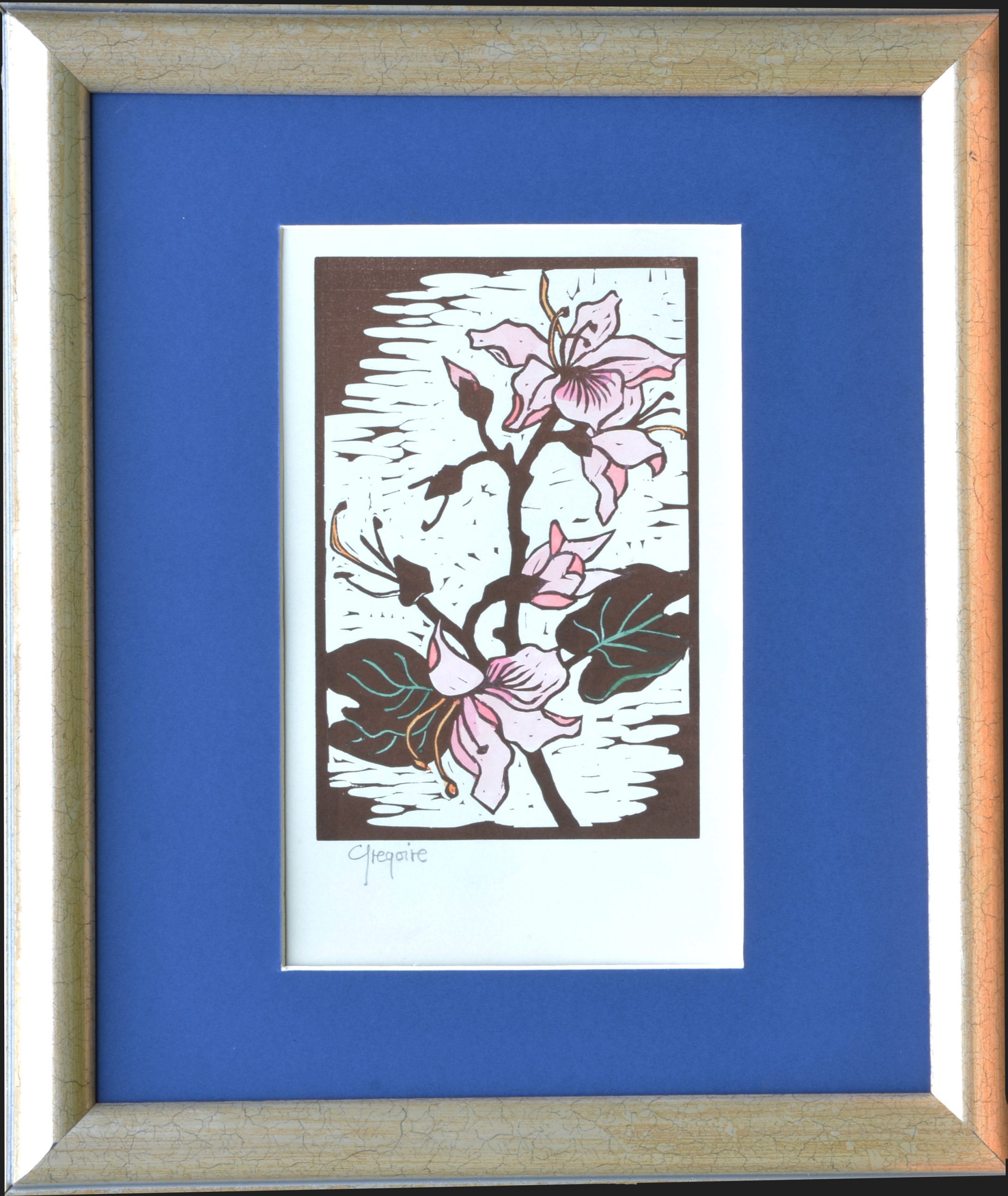 Gregoire Boonzaier - Pink Hibiscus Flower Linocut - Framed Gregoire Boonzaier - Pink Hibiscus Flower Linocut - Framed