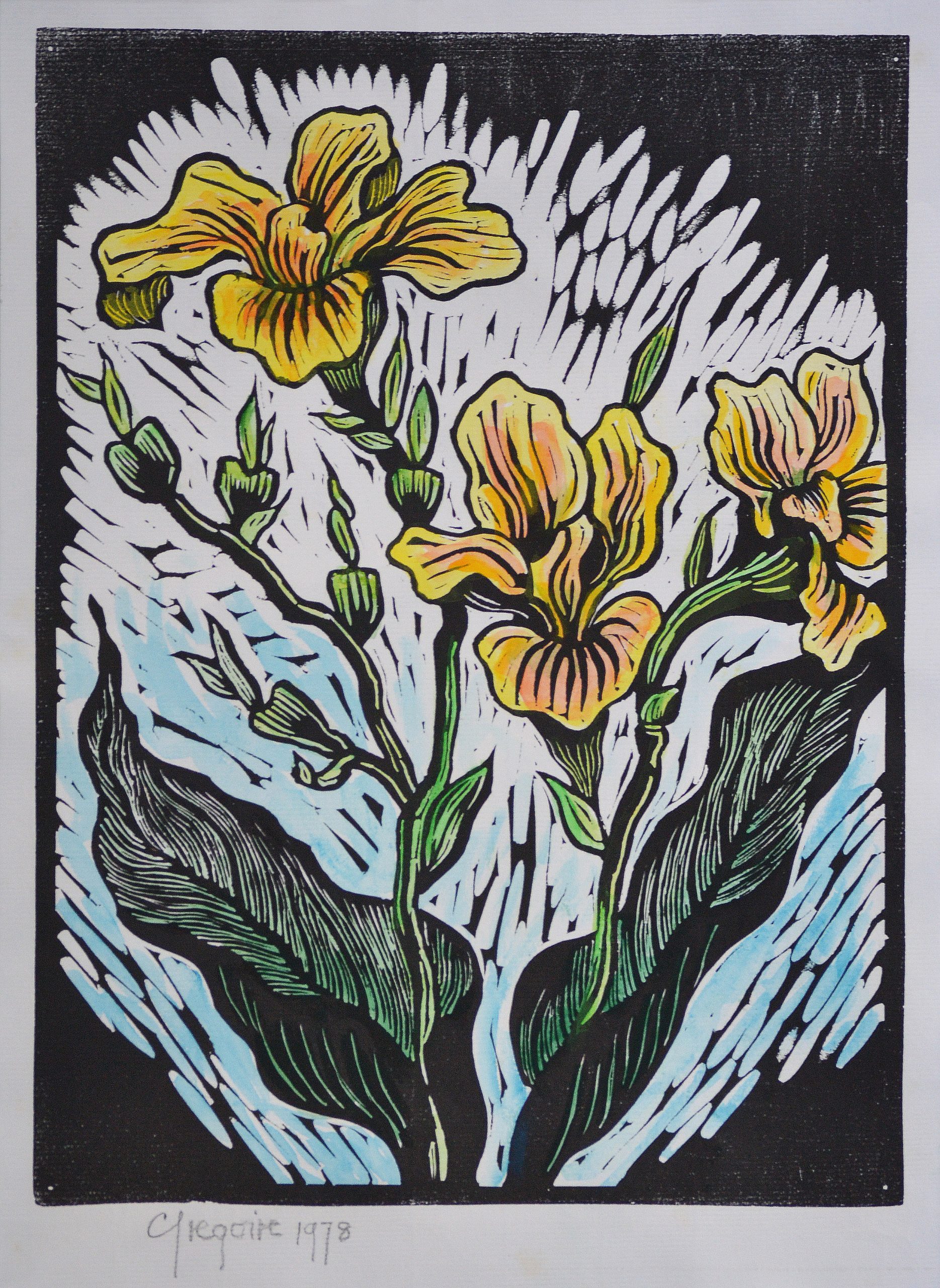 Gregoire Boonzaier - Yellow Canna Lilies Linocut - Artwork Gregoire Boonzaier - Yellow Canna Lilies Linocut - Artwork