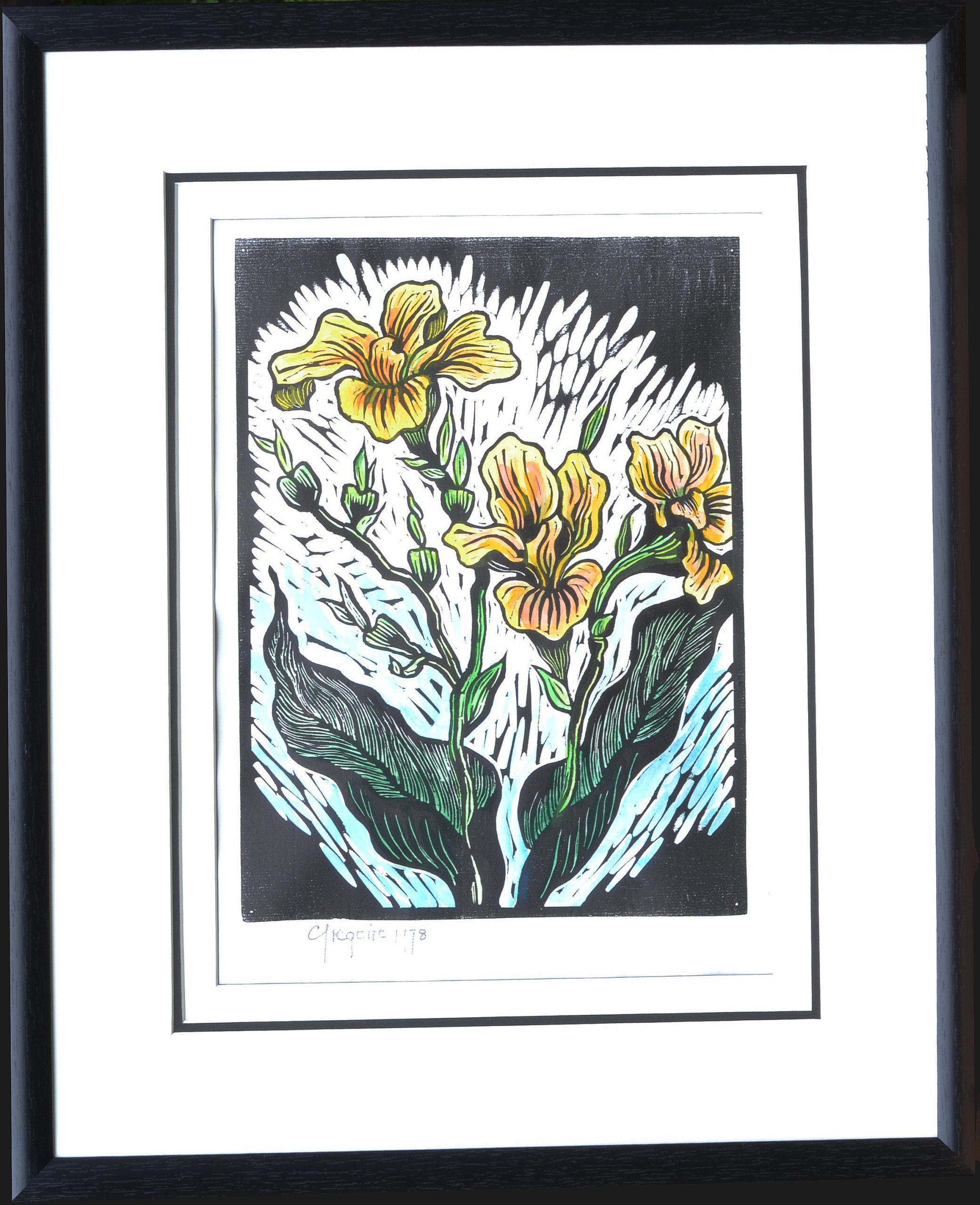 Gregoire Boonzaier - Yellow Canna Lilies Linocut - Framed Gregoire Boonzaier - Yellow Canna Lilies Linocut - Framed