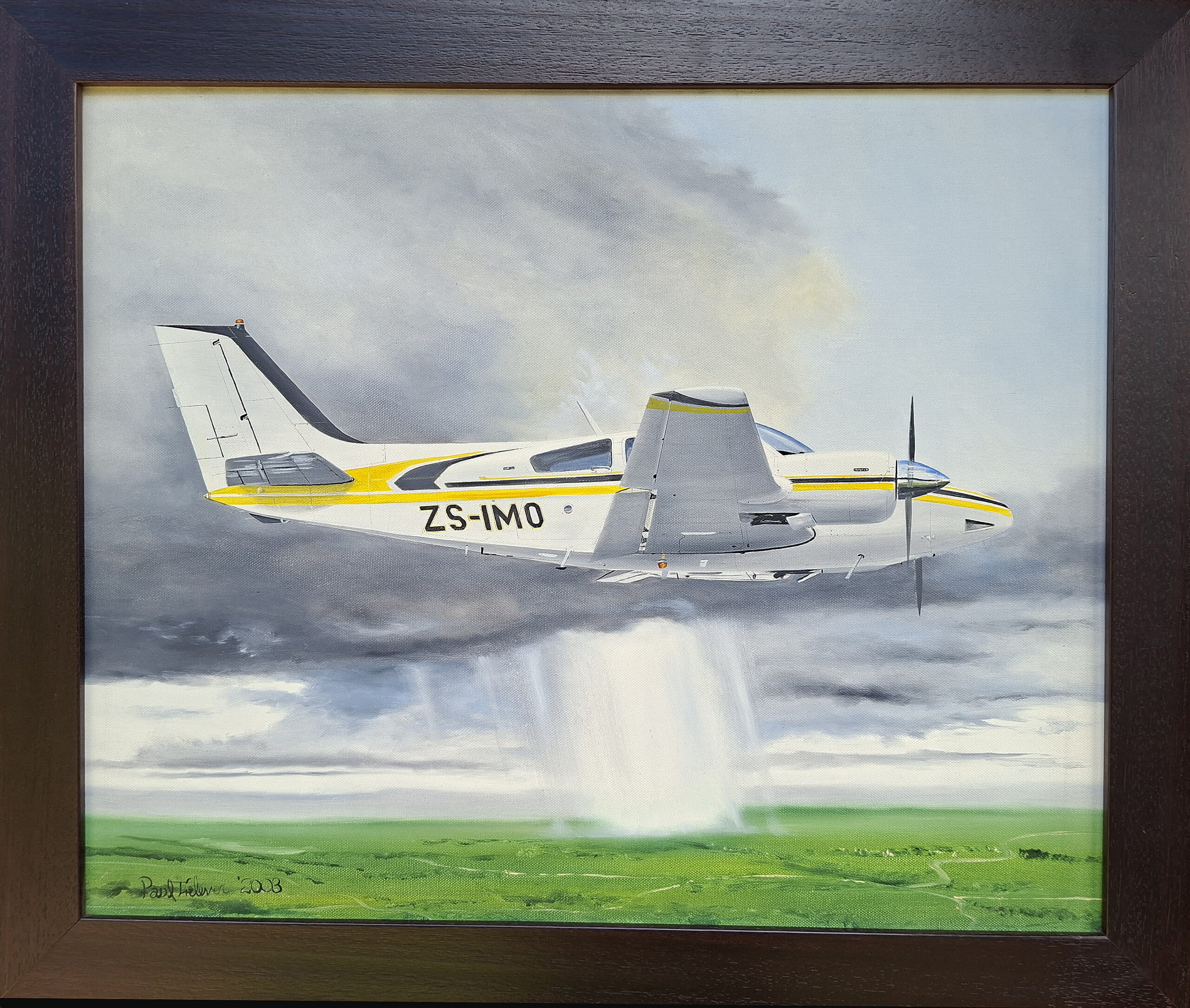 Paul Treleven Beechcraft King Air 200 twin turbo prop Size 66cm x 54cm Oils on stretched canvas. Frame size 75cm x 54cm R3500.00